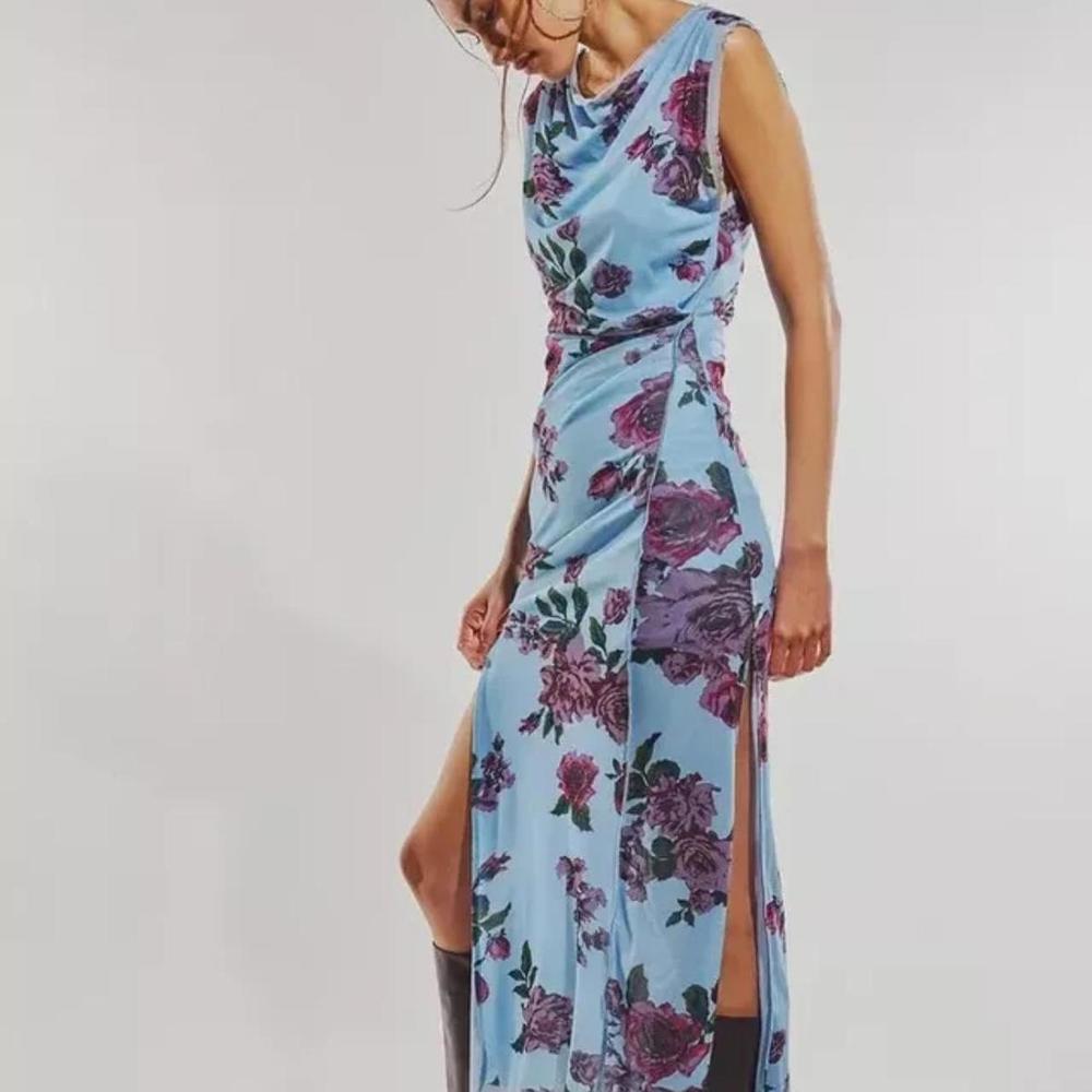 Free People Light Blue Floral Sleeveless Maxi Dress with Purple Roses